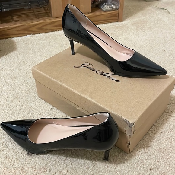 Black Faux Vegan Leather Low Heel Pointed Stilettos - Picture 4 of 12